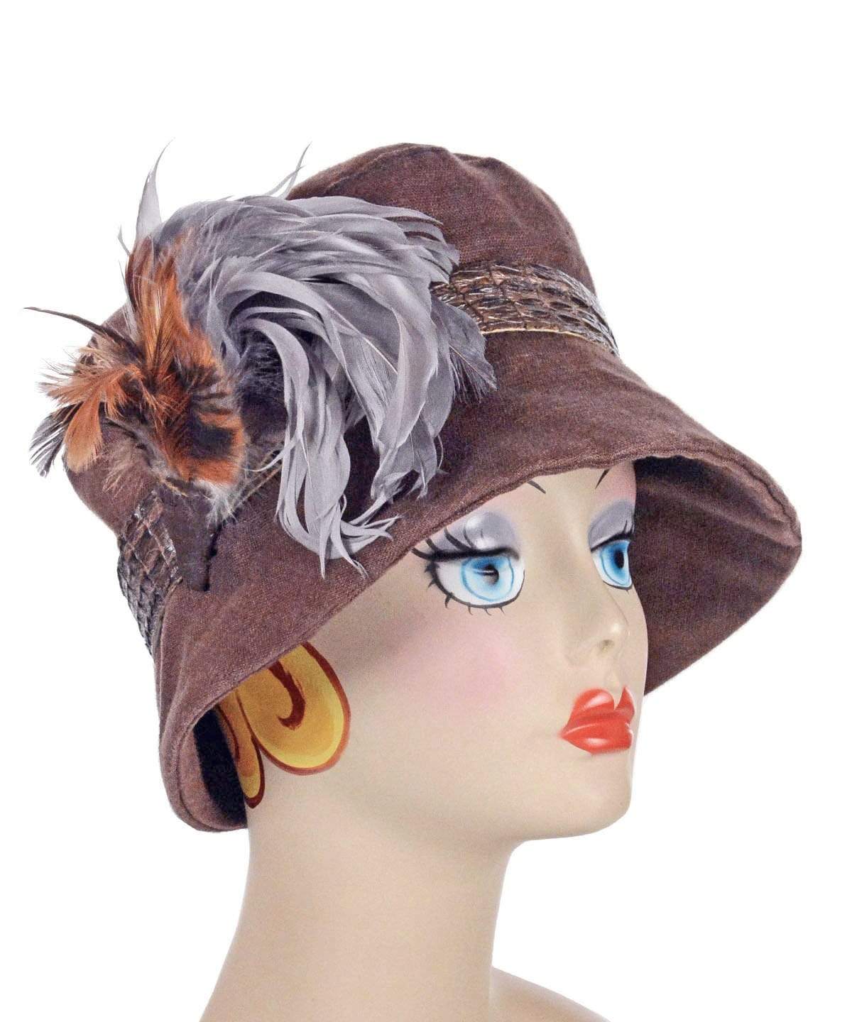 Molly Bucket Style Hat in Chocolate Linen with Faux Croc Band featuring a Silver Rooster Feather Brooch | Handmade By Pandemonium Millinery in Seattle WA