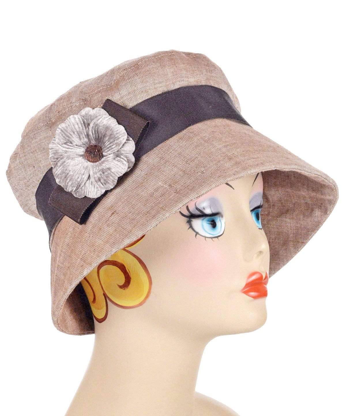 Molly Bucket Style Hat Coral Linen with Chocolate Band and Cream Velvet Flower | Handmade By Pandemonium Millinery | Seattle WA USA