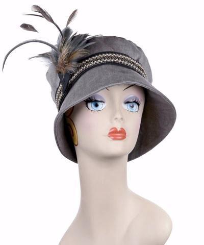  Molly Hat Bucket Style Hat in Gray Linen with Braided, Band Natural and Pheasant Feather Brooch | Handmade by Pandemonium Millinery | Seattle WA USA