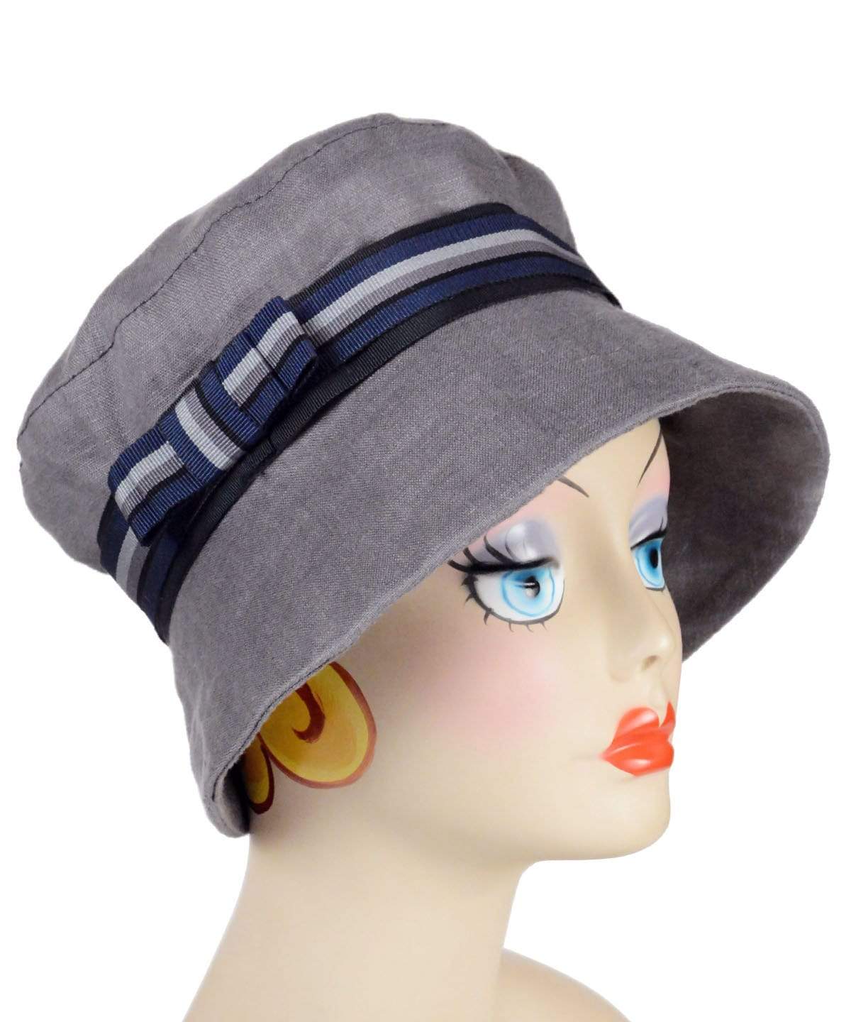  Molly Hat Bucket Style Hat in Linen with Multi-Stripe Blue and Gray  Grosgrain Band and Bow | Handmade by Pandemonium Millinery | Seattle WA USA