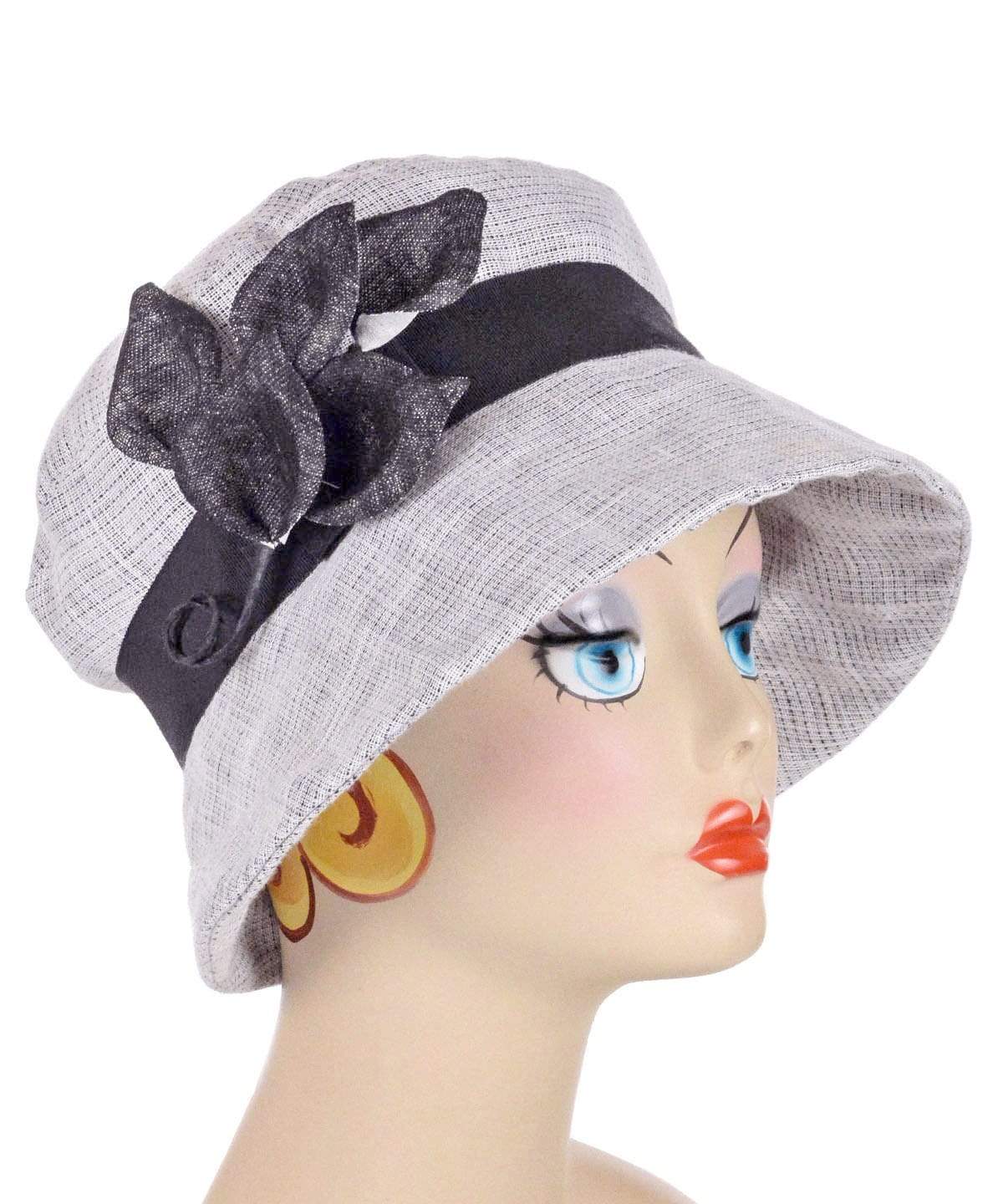 Molly Bucket Style Hat in Micro Plaid with Black Grosgrain Band and Three Black Custom Flowers | Handmade By Pandemonium Millinery in Seattle WA