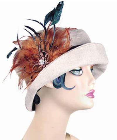 Molly Style Bucket in Natural Linen with Chocolate Band featuring a Rust Feather and Rhinestone Brooch | Pandemonium Millinery | Handmade in Seattle WA