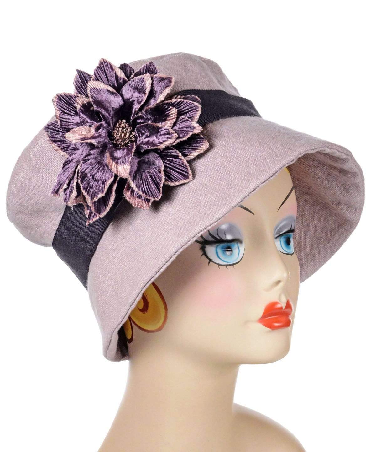 Molly Bucket Style Hat Rose Quartz Linen with Black Band featuring Large  Custom Velvety  Purple Flower | Handmade By Pandemonium Millinery in Seattle WA