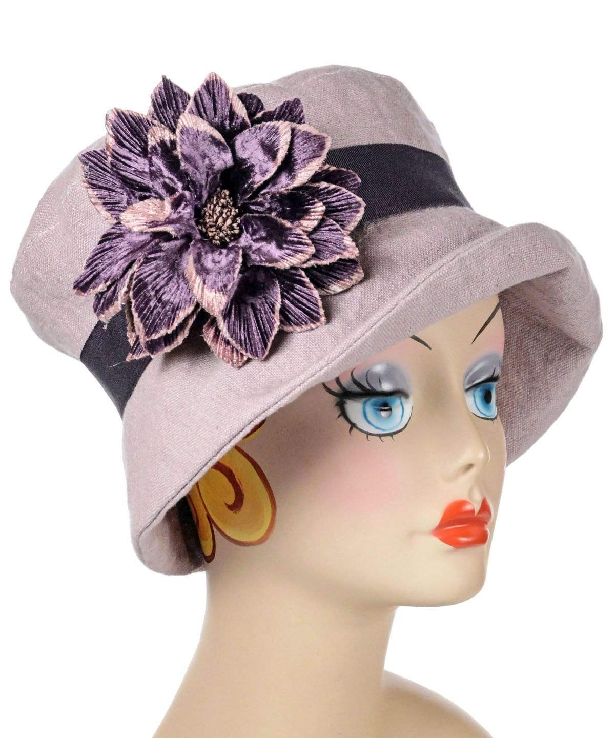 Molly Bucket Style Hat Rose Quartz Linen with Black Band featuring Large  Custom Velvety  Purple Flower | Handmade By Pandemonium Millinery in Seattle WA