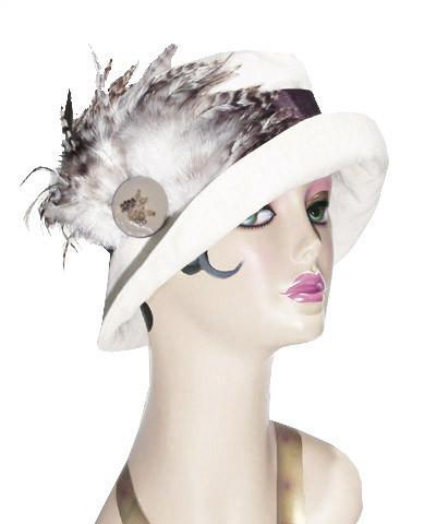 Molly Bucket Style Hat Seashell Linen with Chocolate Band featuring a Natural Feather Fan Style Brooch with Beaded Ivory Button | Handmade By Pandemonium Millinery | Seattle WA USA