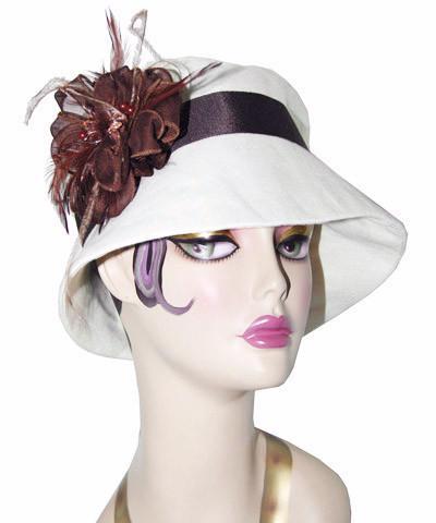 Molly Bucket Style Hat Seashell Linen with Chocolate Band featuring a Chocolate Feather and Crystal Flower Trim | Handmade By Pandemonium Millinery | Seattle WA USA