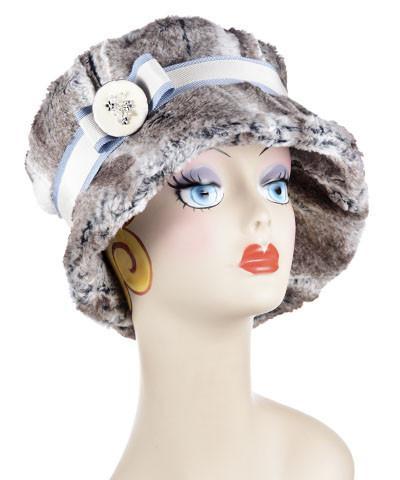 Molly Hat  Bucket Style Hat | Luxury Faux Fur In Birch | Cream and Cornflower Grosgrain Band with cream Beaded Button Trim |Handmade by Pandemonium Seattle 