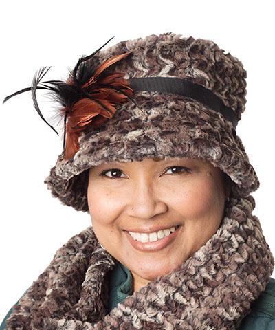 Model wearing Molly Hat Bucket Style Hat | Luxury Faux Fur In Calico | Black Grosgrain Band with Rust and Black Feather Brooch  | Handmade by Pandemonium Seattle 