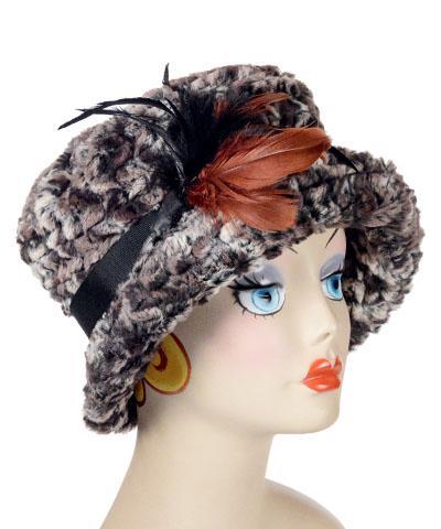 Molly Hat Hat | Luxury Faux Fur In Calico | Black Grosgrain Band with Rust and Black Feather Brooch | Handmade by Pandemonium Seattle