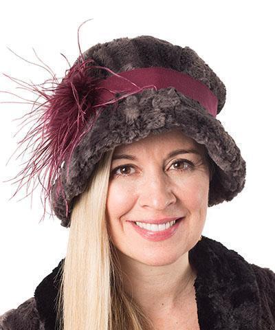 Model wearing Molly Hat Bucket Style Hat | Luxury Faux Fur In Espresso Bean | Burgundy Grosgrain Band with Burugundy Ostrich Feather Brooch | Handmade by Pandemonium Seattle