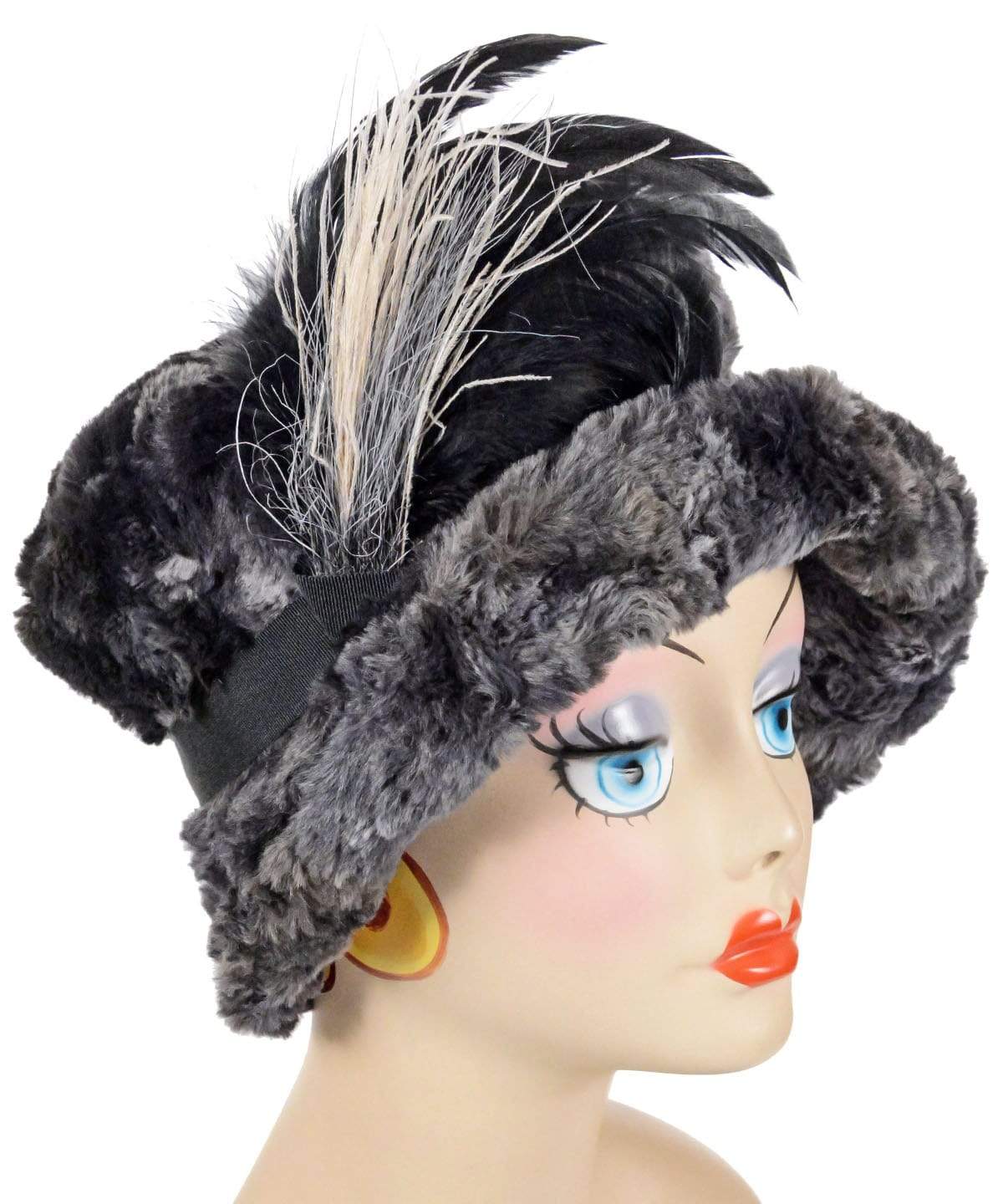 Molly Hat in Highland Skye Faux  Fur With Black Band featuring a Gray and Cream Father Brooch | Handmade By Pandemonium Millinery | Seattle WA USA
