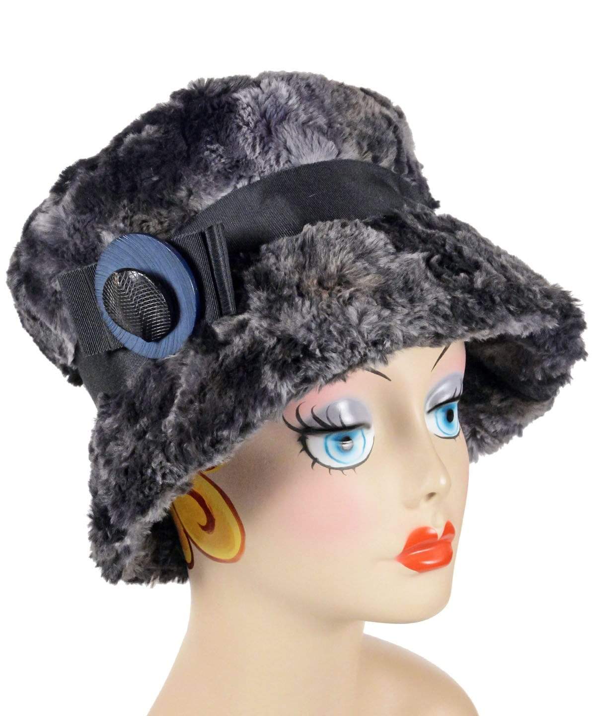 Molly Hat in Highland Skye Faux Fur With Black Band featuring a Black and Navy Double Stock Button | Handmade By Pandemonium Millinery | Seattle WA USA