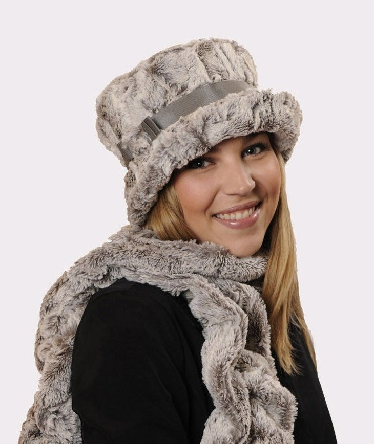 Model wearing Molly Hat Khaki Faux Fur with a Gray Band featuring Matching Button | Handmade By Pandemonium Millinery | Seattle WA USA