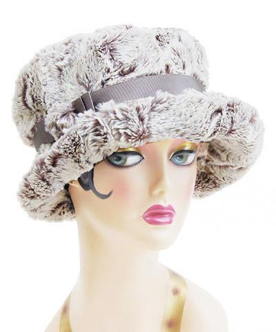 Molly Bucket Style Hat Khaki Faux Fur with a Gray Band featuring Matching Button | Handmade By Pandemonium Millinery | Seattle WA USA