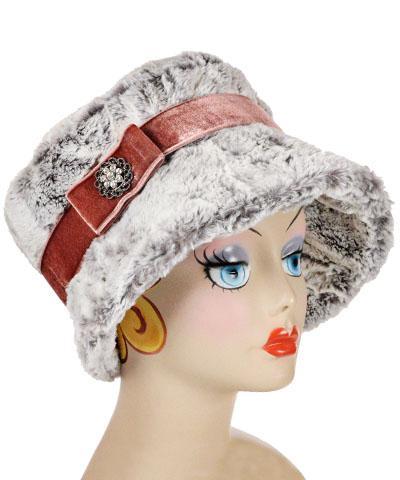 Model wearing Molly Hat Khaki Faux Fur with a Gray Band featuring Matching Button | Handmade By Pandemonium Millinery | Seattle WA USA