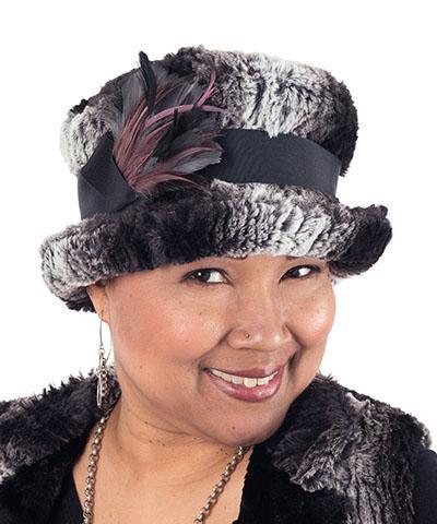 Model wearing Molly Hat Luxury Faux Fur in Smouldering Sequoia with Black Band featuring Mauve and Steel Feather Brooch | Handmade By Pandemonium | Seattle WA USA