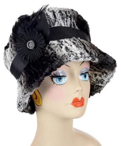 Model wearing Molly Hat Luxury Faux Fur in Smouldering Sequoia with Black Band featuring Mauve and Steel Feather Brooch | Handmade By Pandemonium | Seattle WA USA