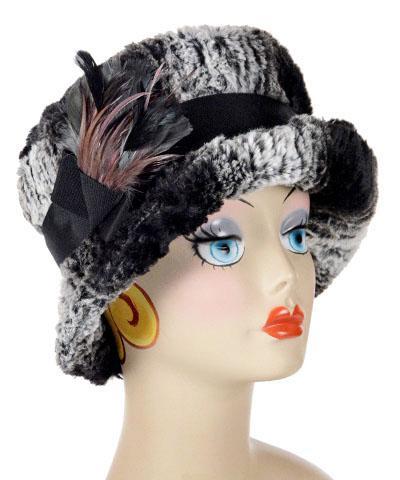 Molly Bucket Style Hat Smouldering Sequoia  Faux Furwith Black Band featuring Mauve and Steel Feather Brooch | Handmade By Pandemonium Millinery | Seattle WA USA