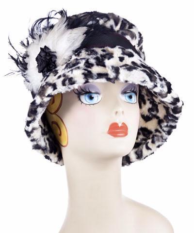Molly Hat Bucket Style Hat | Luxury Faux Fur In White Jaguar | Black Grosgrain Band with Black and White Feather Brooch | Handmade by Pandemonium Seattle