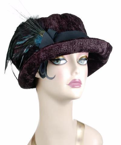 Molly Hat Pebbles in Black Upholstery Fabric with Black Band featuring Teal and Black Feather Brooch | Handmade by Pandemonium Millinery | Seattle WA  