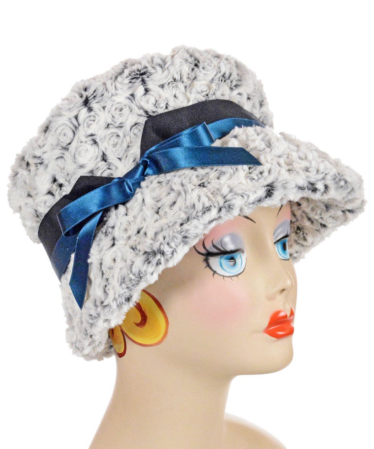 Molly Hat Bucket Style Hat | Rosebud in Black Faux Fur | Black Grosgrain and Turquoise Satin Band with Bow | Handmade by Pandemonium Seattle