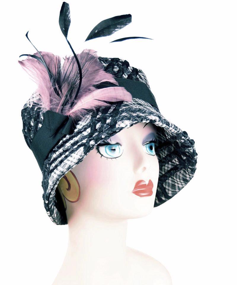Molly Bucket Style Hat Silver Plaid Upholstery Fabric with Black Grosgrain and  Mauve Feather Brooch  | Handmade in Seattle WA | Pandemonium Millinery