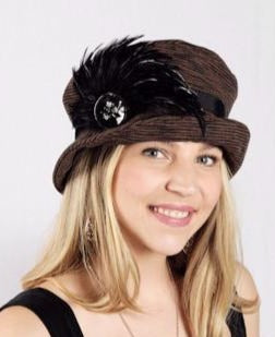  Molly Hat in Sonora with a Black Band featuring Feather Brooch and Beaded Black Button | Handmade By Pandemonium  Millinery | Seattle WA
