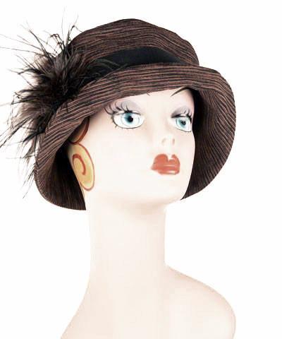 Molly Hat in Sonora with a Black Band featuring Black, Gray and Mauve Ostrich Feather Brooch | Handmade By Pandemonium Millinery | Seattle WA