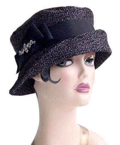 Molly Hat Static Upholstery Fabric with a Black Grosgrain Band featuring Rhinestone Brooch | Handmade by Pandemonium Millinery | Seattle WA | Handmade By Pandemonium in Seattle WA