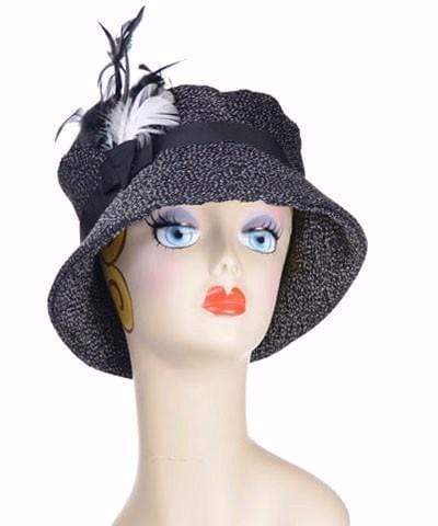 Molly Hat Static Upholstery Fabric with a Black Grosgrain Band featuring Black and White Feather Brooch | Handmade by Pandemonium Millinery | Seattle WA | Handmade By Pandemonium in Seattle WA