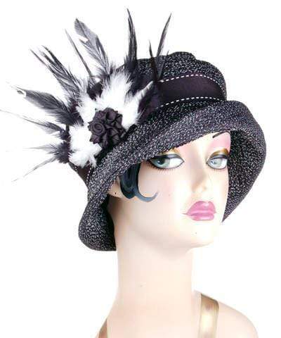 Molly Hat Static Upholstery Fabric with Saddle Stitch Grosgrain Band featuring Black and White Feather Brooch with Black fabric Rosette | Handmade by Pandemonium Millinery | Seattle WA  | Handmade By Pandemonium in Seattle WA