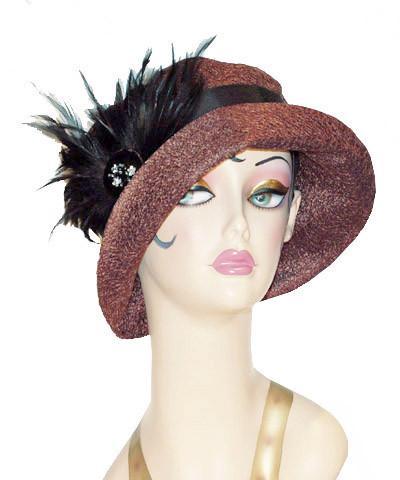 Molly Hat Tumbleweed In  Chocolate with Black Band featuring a Black and Teal Feather Brooch | Handmade in Seattle WA | Pandemonium Millinery