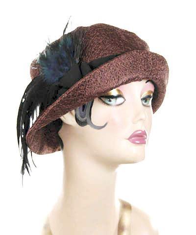 Molly Hat Tumbleweed In  Chocolate with Black Band featuring a Black and Teal Feather Brooch | Handmade in Seattle WA | Pandemonium Millinery