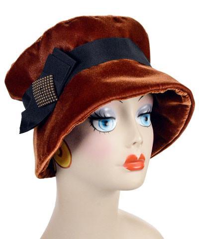 Molly Bucket Style Hat in Citrine Velvet featuring a Black Bow and Band  With a Copper Square Button Trim | Handmade in Seattle WA | Pandemonium Seattle