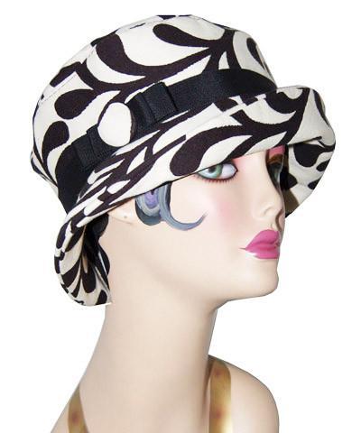 Molly Bucket Style Hat White Pepper Paisley with  Black Bow and Band featuring a Matching Button | Pandemonium  Millinery in Seattle WA