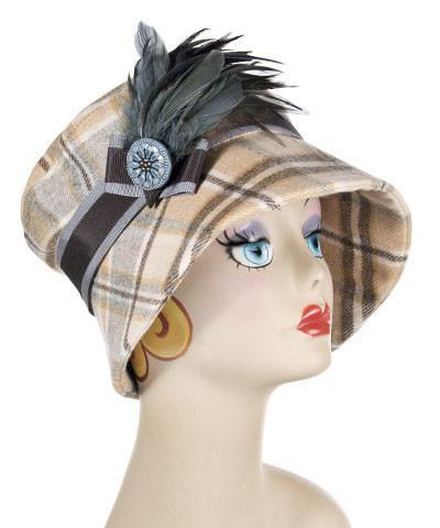 Molly Hat Wool Plaid in DayBreak with Chocolate and Cornflower Grosgrain Band with Feather Brooch featuring a Hand painted Blue Button | Handmade by  Pandemonium Millinery | Seattle WA USA
