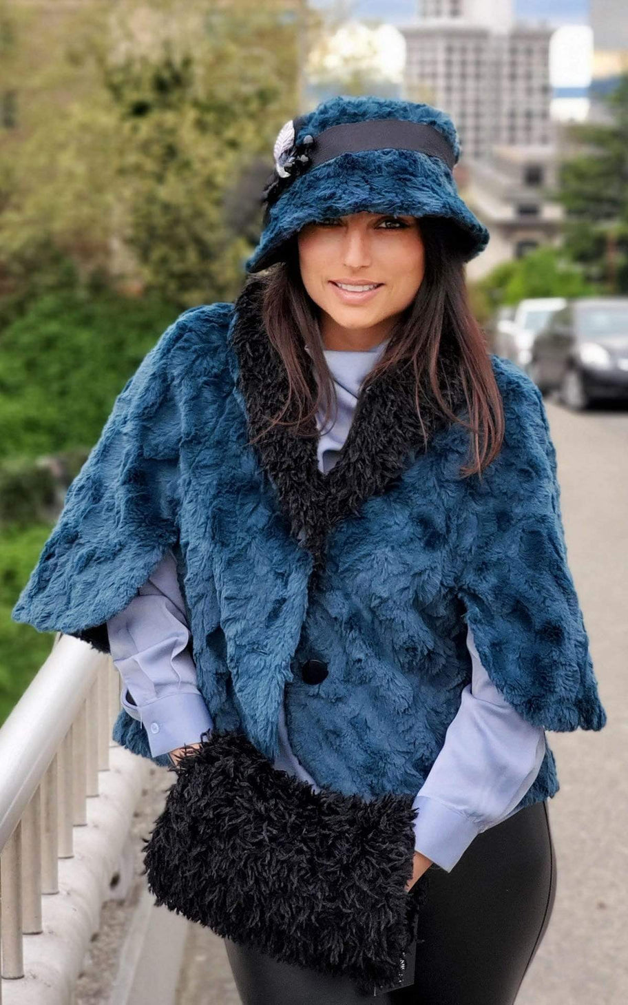 Woman in Peacock Teal Opera Cape with Muff in Black Swan Faux Fur Reversible | Handmade in Seattle WA | Pandemonium Millinery