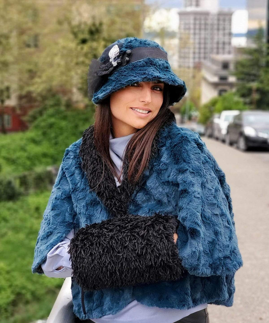 Woman in Opera Cape with Muff in Black Swan Faux Fur Reversible | Handmade in Seattle WA | Pandemonium Millinery