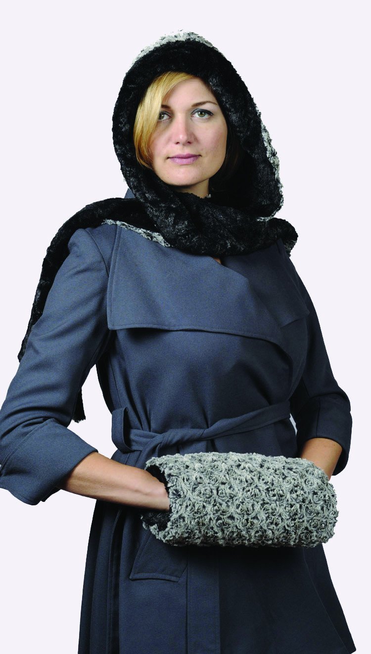 Woman with Muff in Rosebud Black Faux Fur Reversible | Handmade in Seattle WA | Pandemonium Millinery