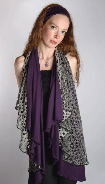 Multi-Wrap shown on Model in Water fall Cover up Top | Lunar Landing with Purple Haze Jersey Knit | Handmade by Pandemonium Millinery | Seattle WA USA