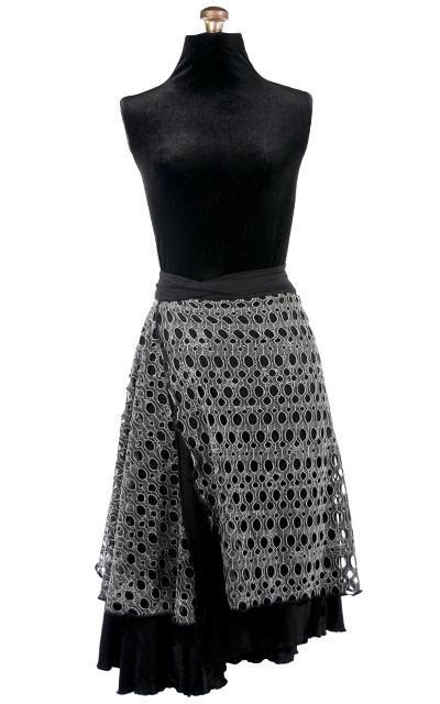 Multi-Wrap Skirt shown on Mannequin | Lunar Landing with Abyss, Black Jersey Knit | Handmade by Pandemonium Millinery | Seattle WA USA