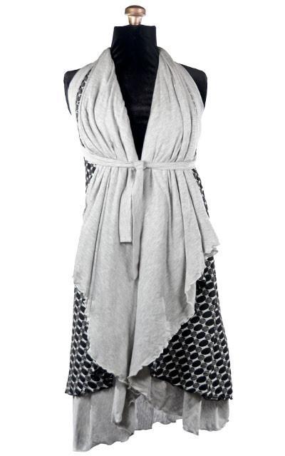 Multi-Wrap Styled like a Halter Dress, Reversed | Solar Eclipse with Jersey Knit Silver Moon Gray| Handmade by Pandemonium Millinery | Seattle WA USA