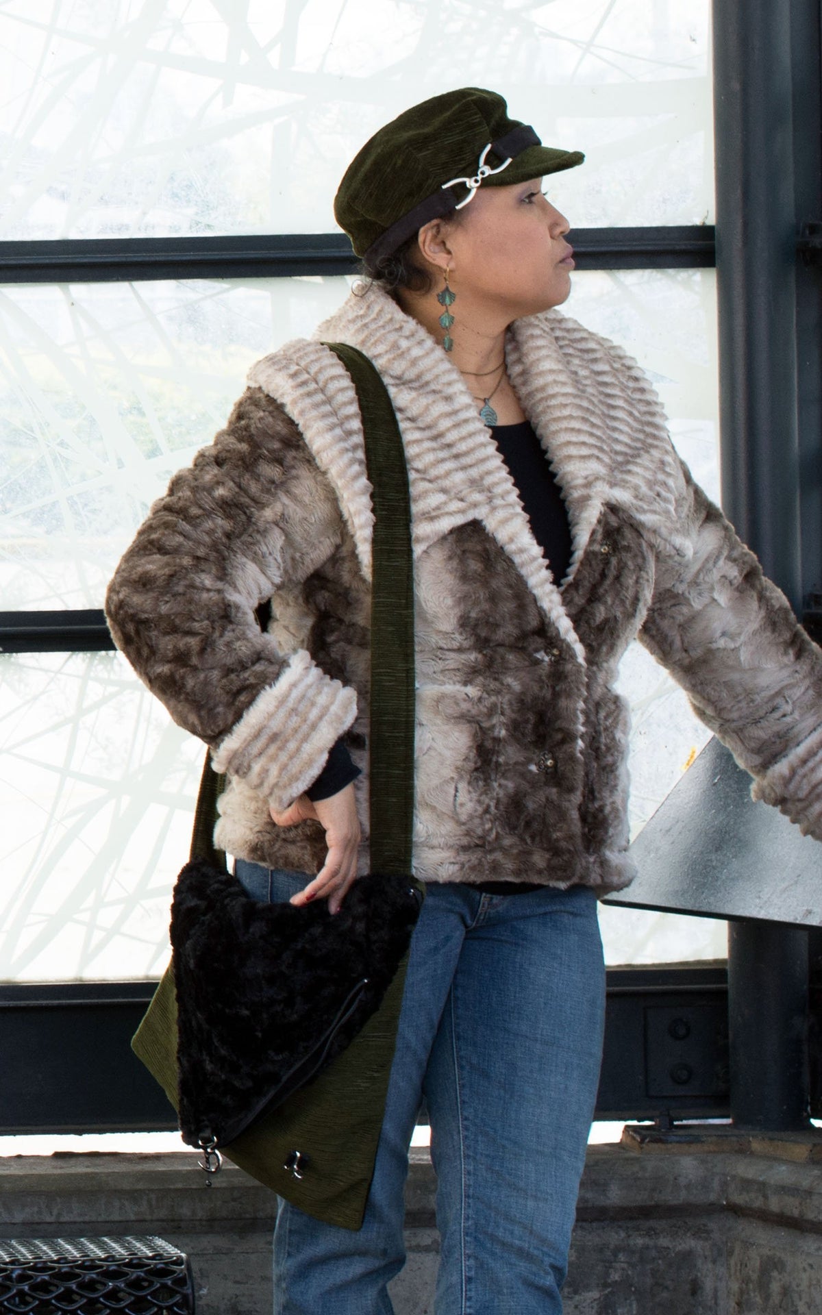Woman with Naples Messenger Bag and matching Valerie Cap | Cohen in Olive Green with Cuddly Black Faux Fur Flap | handmade in Seattle WA by Pandemonium Millinery USA