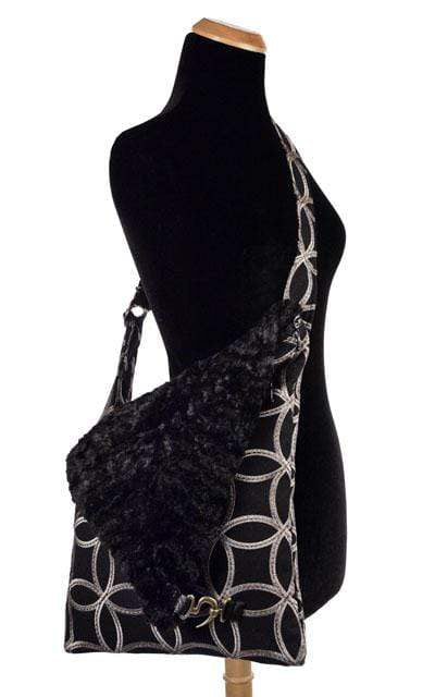 Naples Messenger Bag | Karma in Black with Cuddly Black Faux Fur Flap | handmade in Seattle WA by Pandemonium Millinery USA