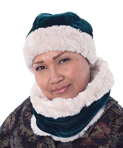 Woman wearing a Neck Cowl | Velvet in Emerald with Cuddly Sand Faux Fur | Scarves Pandemonium Millinery | Handmade in Seattle WA