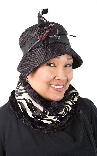 Model wearing a  Neck Cowl | Wave Black and Cream Upholstery with Cuddly Black Faux Fur | Scarves Pandemonium Millinery | Handmade in Seattle WA