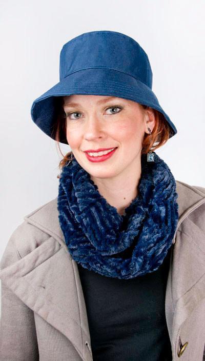 Model in Navy Rain Hat wearing Neck Warmer | Chevron Navy Faux Fur | By Pandemonium Seattle | Handmade in Seattle, WA