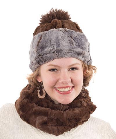 Model wearing Neck warmer shown in Cuddly Chocolate Faux Fur | By Pandemonium Millinery | Seattle WA USA