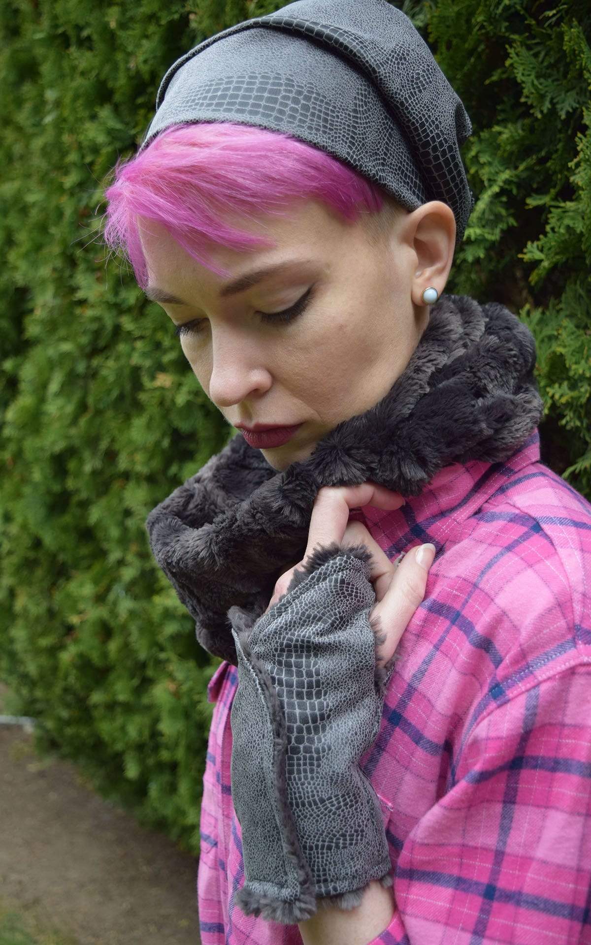 Model wearing a Neck Warmer in Espresso Bean Faux Fur | Also Shown a Vegan Leather Beret in Outback Brown | Handmade in the USA by Pandemonium Seattle
