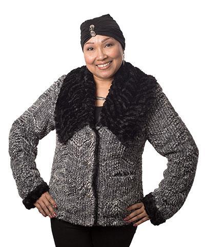 Woman wearing Norma Jean Coat with Edith Turban Hat | Cozy Cable Faux Fur with Cuddly Fur in Black | By Pandemonium Millinery | Handmade in Seattle WA USA